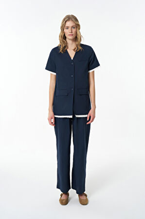 Garni Detaylı Düğmeli Kısa Kol Ceket Lacivert