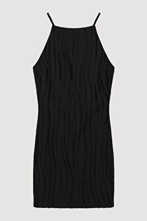 Halter Yaka Dokulu Mini Elbise Siyah