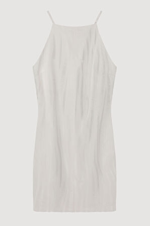 Halter Yaka Dokulu Mini Elbise Ekru