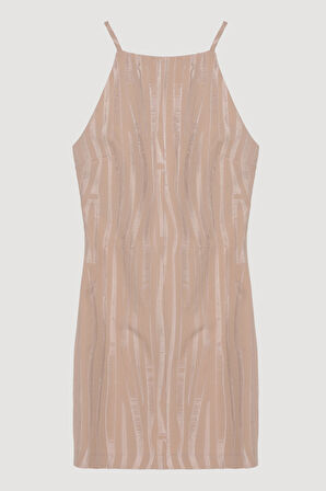 Halter Yaka Dokulu Mini Elbise Bej