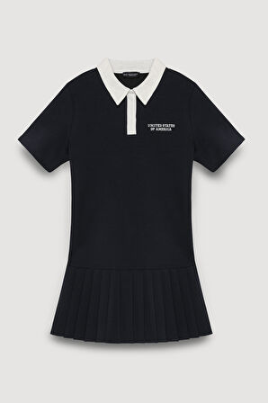 Polo Yaka Pileli Mini Elbise Lacivert