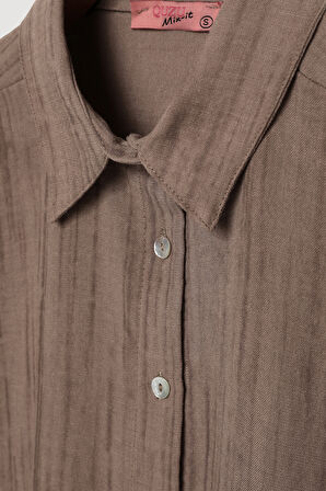 Dokulu Düğmeli Geniş Gömlek Kahverengi