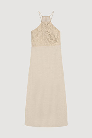 Halter Yaka Dantelli Uzun Elbise Naturel