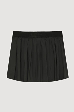 İçi Şortlu Beli Lastikli Pileli Mini Etek Siyah