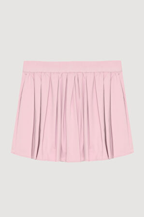 İçi Şortlu Beli Lastikli Pileli Mini Etek Pembe