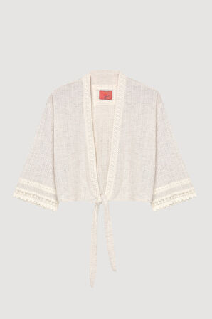 Şerit Dantelli Bağlamalı Kimono Naturel