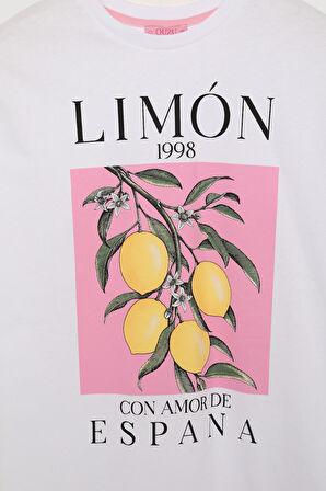 Renkli Limon Baskılı Tişört Beyaz