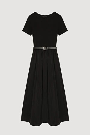 Beli Kemerli Basic Midi Elbise Siyah