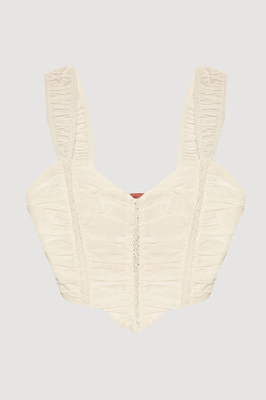 Dantel Detaylı Drapeli Crop Bluz Ekru