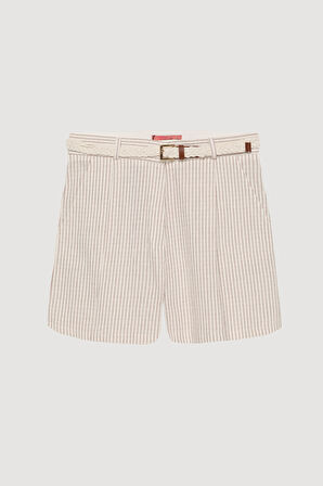Örgü Kemerli İnce Çizgili Mini Şort Naturel
