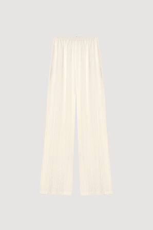 Gofre Kumaş Geniş Paça Pantolon Ekru