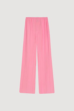 Gofre Kumaş Geniş Paça Pantolon Pembe