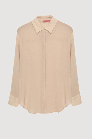 Düğmeli Oversize Dokulu Gömlek Taş