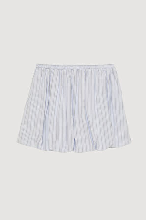 İnce Çizgili Balon Mini Etek Mavi