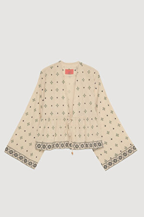 Pile Detaylı Desenli Bağlamalı Kısa Kimono Naturel