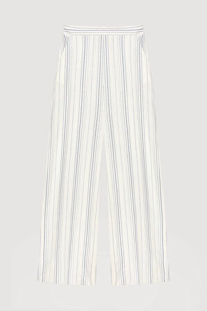 İnce Çizgili Yüksek Bel Pantolon Ekru