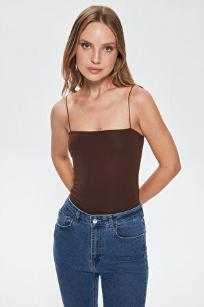 Çıtçıtlı İnce Askılı Bodysuit Koyu Kahve