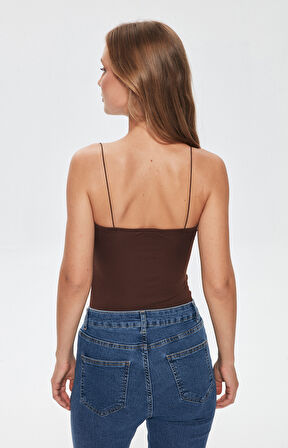 Çıtçıtlı İnce Askılı Bodysuit Koyu Kahve