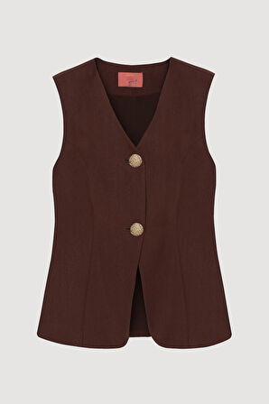 Çift Düğmeli V Yaka Yelek Ceket Kahverengi