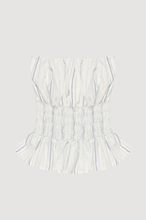 Gipe Detaylı Fırfırlı Straplez Bluz Ekru