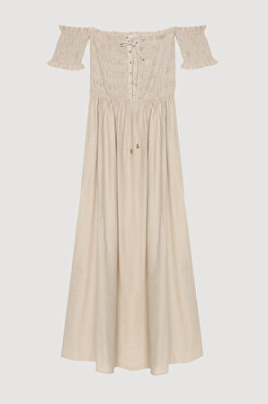 Kuş Gözü Bağlamalı Düşük Omuz Elbise Bej