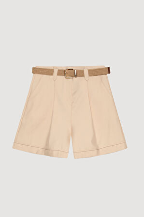 Hasır Kemer Aksesuarlı Pile Detaylı Mini Şort Bej