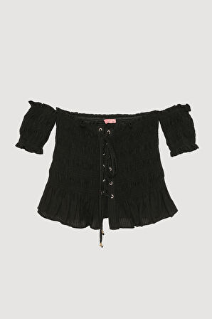 Kuş Gözü Bağlamalı Düşük Omuz Bluz Siyah