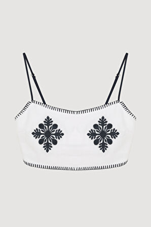 İnce Askılı Nakışlı Keten Büstiyer Bluz Beyaz