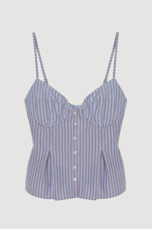Çizgili Pile Detaylı İnce Askılı Bluz Mavi