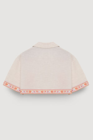 Çita Figürlü Çiçek Nakışlı Keten Crop Gömlek Naturel