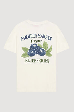 Yaban Mersini Baskılı Tişört Ekru