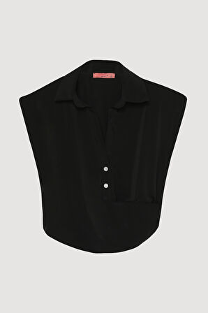 Kruvaze Detaylı Düğmeli Kolsuz Bluz Siyah