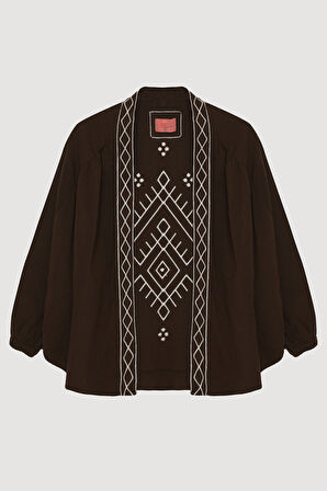 Etnik Desenli Şerit Nakışlı Kısa Keten Kimono Koyu Kahve