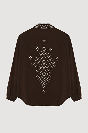 Etnik Desenli Şerit Nakışlı Kısa Keten Kimono Koyu Kahve