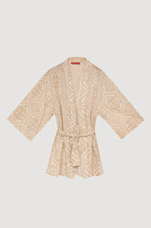 Etnik Desenli Bağlamalı Kısa Kimono Naturel