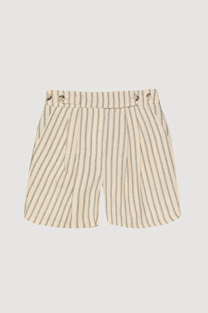 Pens Detaylı Çizgili Keten Mini Şort Bej