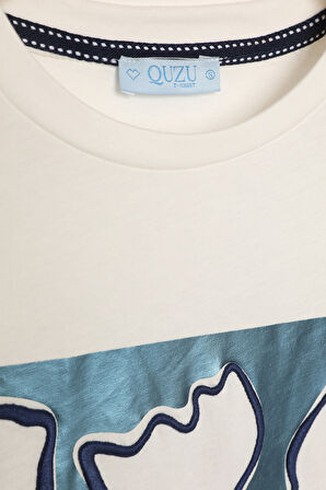 Kabartma Baskılı Yazılı Kısa Kol Tişört Ekru