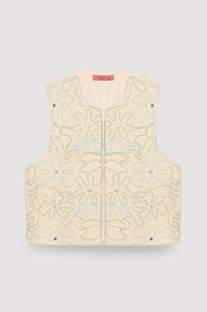 Taş Detaylı Nakışlı Yelek Naturel