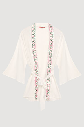 Bağlama Detaylı Nakışlı Yarasa Kol Kimono Ekru