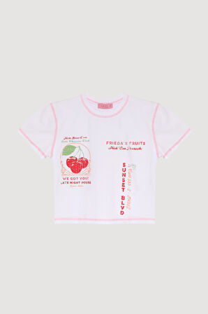 Renkli Kiraz Baskılı Kısa Kol Tişört Beyaz