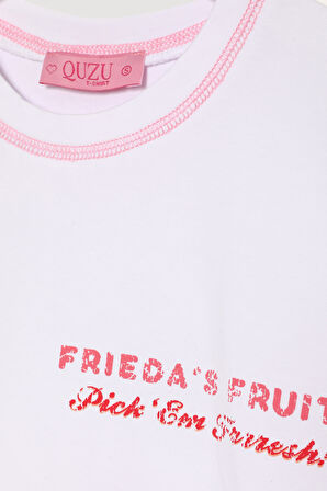 Renkli Kiraz Baskılı Kısa Kol Tişört Beyaz