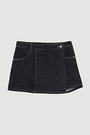 Önden Düğmeli Kruvaze Kot Şort Etek Mavi