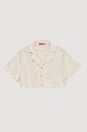 Nakış İşlemeli Keten Crop Gömlek Naturel