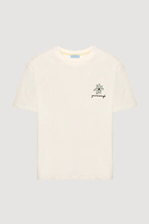 Sırtı Renkli Papatya Baskılı Tişört Ekru