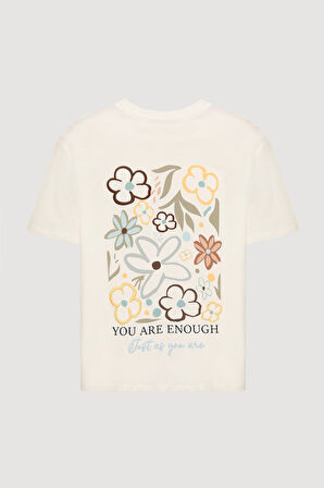 Sırtı Renkli Papatya Baskılı Tişört Ekru