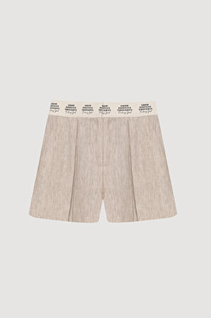 Beli Yazı Detaylı Pileli Mini Şort Naturel