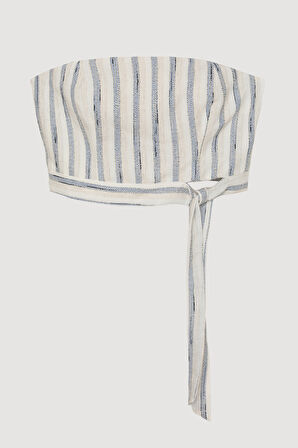 Çizgili Bağlamalı Straplez Keten Bluz Mavi