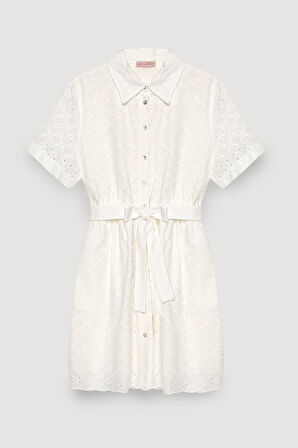 Fisto Detaylı Bağlamalı Mini Elbise Ekru