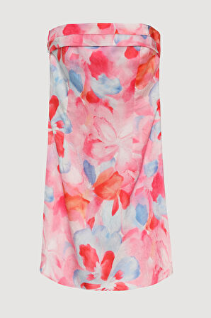 Renkli Çiçek Desenli Straplez Mini Elbise Pembe