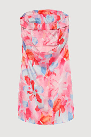 Renkli Çiçek Desenli Straplez Mini Elbise Pembe